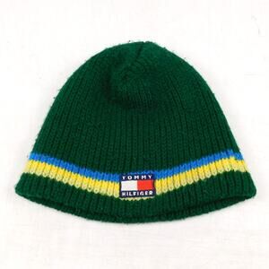 Vintage 90s Tommy Hilfiger Beanie Winter Hat Knit Striped Green Tommy Jeans OSFA